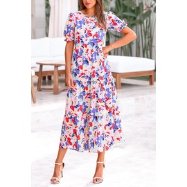 PRETTYGARDEN Women's Summer Casual Boho Dress Floral Print Ruffle Puff Short Sleeve Flowy Midi Beach Party Dresses (Print Multicolored,Medium)