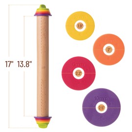 Bamboo Land- Adjustable Rolling Pin with Thickness Rings for Baking, 13.8", 4 Colorful Thickness Rings (2-10 mm or 1/16"-3/8"), Wood Rolling Pins for Baking, Bread, Pizza & Cookie Doughs