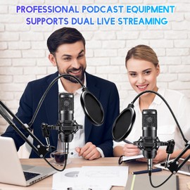 Podcast Equipment Bundle for 2, Recording Studio Package with V8K Sound Card & Mixer, Music Recording Equipment with Condenser Microphone Perfect for Recording, Singing, Streaming and Gaming (Black)