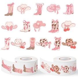 CNhoqc 1000pcs Western Cowgirl Sticker Rolls (2 Rolls), 16 Designs Coquette Pink Bow Hat Boots Decorative Decals for Kids, Cowgirl Lover Self-Adhesive Sticker for Waterbottle Scrapbook Giftwrap Decor