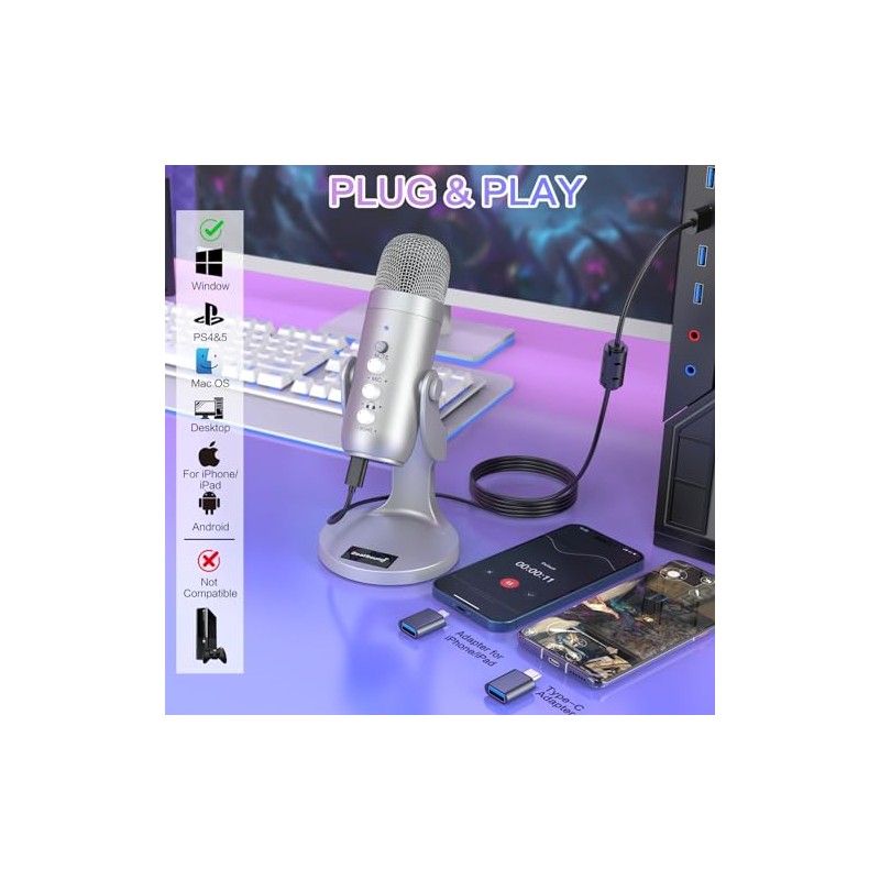 ZealSound - Micrófono de podcast para PC, micrófono USB con