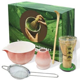 5 PCS Matcha Whisk Set, Pink Matcha Set Includes Bamboo Chasen Whisk, Ceramic Tea Bowl, Scoop, Strainer and Matcha Whisk Holder, Japanese Matcha Kit for Matcha Lovers