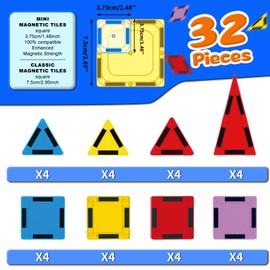 Mini Magnetic Tiles for Kids, Magnetic Building Set, Construction STEM Travel Toys for Boy Girl Ages 3+, Montessori Preschool Learning Educational Sensory Magnet Creative Toy Gift for Toddlers, 32 Pcs
