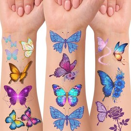 Tatuajes temporales de mariposa con purpurina | Decoraciones de fiesta de cumpleaños con temática de mariposas, suministros de fiesta, accesorios, cal