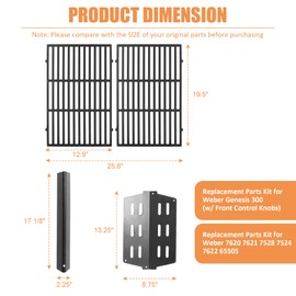 Grill Parts for Weber Genesis Parts Replacement, Fits Weber Genesis 300 Series with Front Control Knobs, for Weber Flavorizer Bars 7620 7621, Grate 7524 7528, Fits Weber Heat Deflector 7622 62756