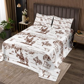 Western Cowboy Bedding Quilt King Size,Vintage Southwest Style Bedspread Desert Cactus Cow Horse Animals Comforter Set for Kids Boys Girls Adult Room Decor,Sketch Brown White Coverlet Set 3Pcs