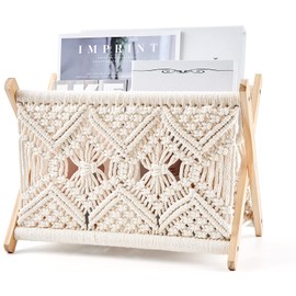 Mkono Macrame Magazine Rack Boho Storage Holder Standing Basket for Books, Newspapers, Swaddle Blanket, Dorm Essentials, Living Room, Bathroom, Office, Nursery, Home Decor, Medium Size, 14”L x 10”W