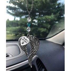 Custom Birthstone Crystal "Always in My Heart" Paw Print, Best Friend and Large Antique Silver Tone Angel Wings Charms Rear View Mirror Car Charm, Memorial Pet Remembrance Car Interior Decoration