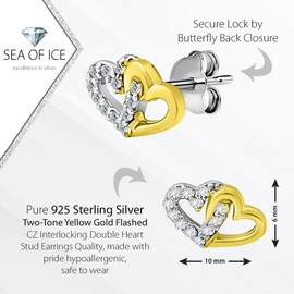 925 Sterling Silver CZ Interlocking Double Heart Stud Earrings for Women (Two-Tone (Silver & Gold))