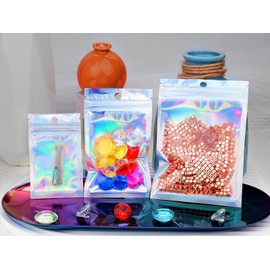 60 Pieces Smell Proof Mylar Bags 15x10cm Foil Ziplock Bags Holographic Bags Glossy Resealable Small Ziplock Bags Sweet Pouches Food Storage Bags for Candy, Jewelry, Packaging Bags, Sample Bags