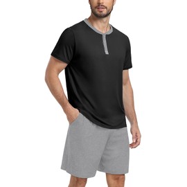 PrinStory Men's Pajama Set Pjs Sleepwear Lightweight Quick Dry Cozy Short Sleeve Button Neck Shirts and Shorts Soft Sleep Sets Black US XL