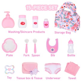 Ecore Fun Baby Doll Feeding Set with Portable Bag - 15pcs 12-18 Inch Dolls Accessories Kit, Includes Bag, Diaper, Bib, Bottle, Tableware, Towel & Care Essentials Pretend Playset