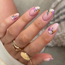 Almond Press on Nails Short Fake Nails with Floral Designs Cute Acrylic Nails Press ons Glossy Glue on Nails Nude Full Cover Artificial Stick on Nails for Women 24Pcs