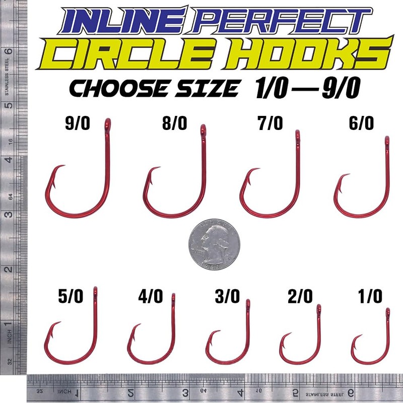 LURELINK-Inline-Circle-Hooks-Saltwater-for-Catfish-Bass-Octopus-Hooks-Fishing-Hook-Freshwater 50 Pack (5/0 50-Pack, Red)