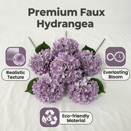 6 Artificial Hydrangea, Silk Faux Flowers, Lifelike Texture, Bendable Stem
