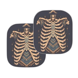 Uskorhein Tribal Skeleton 2pcs Car Front Window Sunshade, Ethnic Skeletons Automotive Foldable Protector, Rhombus Turquoise Heat Blocker Visor Protector Blocks UV Rays