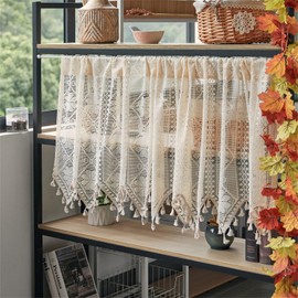 Net Curtains Transparent with Embroidery, Country House Style, Short Curtain, Boho Short Hollow Embroidery Curtains, Kitchen Curtains for Dining Room, Bathroom, Small Window (1 Piece, W x H 130 x 60