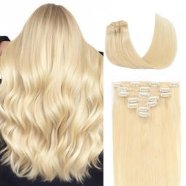 Befana Clip in Hair Extensions Real Human Hair,100% Remy Human Hair,16 Inch #613 Bleach Blonde,7 Pcs 70g Natural soft Straight Double Weft Clip ins for Women
