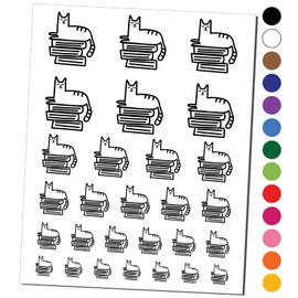 Cat and Books Reading Doodle Temporary Tattoo Water Resistant Fake Body Art Set Collection - Brown (One Sheet)