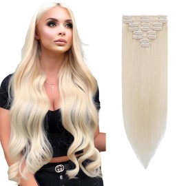 Rich Choices Clip-In Real Hair Extensions, 8 Pieces, 30 cm, #70 White Blonde Hair Extensions, Real Hair, Remy Silky Straight, Invisible Clip-In Hair Extensions, Natural, Thin Wefts