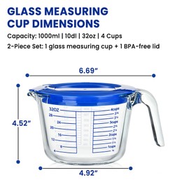 Glass Measuring Cup, 4 Cup Measuring Cup with Lid, High Borosilicate Liquid Measuring Cups with Easy-Read Scale for Cooking and Baking, Dishwasher/Freezer/Microwave Safe