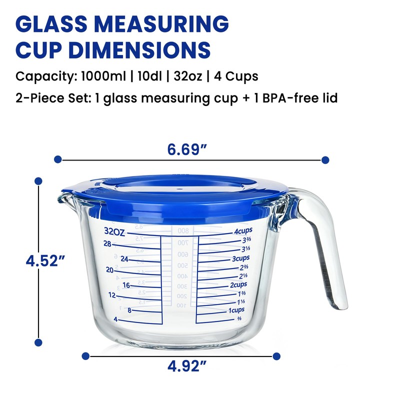 Glass Measuring Cup, 4 Cup Measuring Cup with Lid, High