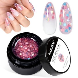 RARJSM Nude Clear Pink Heart Shape Glitter Gel Nail Polish Pink Holographic Laser Rainbow Effect Sparkle Shimmer Jelly Gel Polish Glossy Shine 8ml Soak Off Curing Need Home Salon DIY Nail Art Design