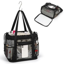 Large Shower Caddy Portable, Mesh Shower Caddy with Hook, Hanging Shower Bag with Dividers, Quick Dry Bathroom Tote Toiletry Bag with Bottom Zipper Open Design for Gym, Dorm, Camping, Beach, Travel