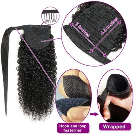 Long 22 Inch Human Hair Ponytail Wrap Around Small Curly Pony Tail 100% Human Hair Extensions Jerry Curl Clip Natural Black for Black Women(22 Inch)