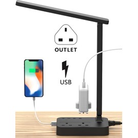 Drevet LED Desk Lamp, Desk Light with 1 USB Charging Port and 2 Way Outlets, 3 Lighting Modes, 3 Level Brightness,1H Timer, Touch Control, Eye-Caring Home Office Bedside Table Lamp (Black)