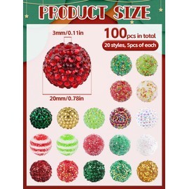 Pack of 100 Christmas Rhinestone Beads, Kalolary 20 Styles Christmas Bubblegum Beads, 20 mm Loose Spacer Beads, Colourful Round Pave Disco Ball Beads for Christmas Decorations, Bracelets, Necklaces,