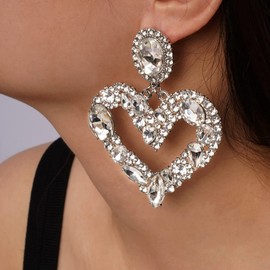 Xerling Large Heart Rhinestone Crystal Dangle Earrings Statement Drop Earrings Brides Silver Love Heart Stud Earrings for Women Heavy