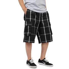 Shaka Wear Plaid Cargo Shorts for Men, Sizes S-5XL (Small, Black)