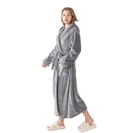 KORBLISS Women's Hooded Long Bathrobe, Silky Soft Lightweight Plush Fleece Robe Warm and Comfy to Wear, Full Ankle Length Elegant and Luxurious Lady Spa Robe with Sash and Pockets, Light Grey, L