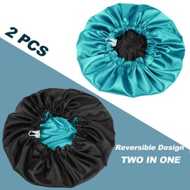 Silk Satin Bonnet, Adjustable Double-Layer Reversible Silk Hair Wrap Bonnet for Sleeping and Shower, Soft and Comfortable Shower Cap, Pack of 2 (Green-Blue)