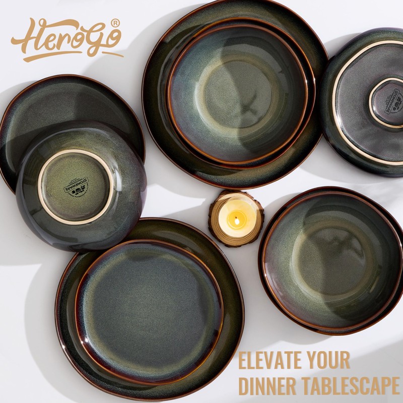 Herogo Stoneware Dinnerware Sets for 8, 24 Piece Plates and