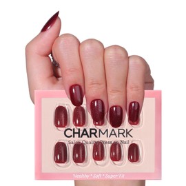 CHARMARK Press on Nails Short Round Brown Cat Eye Fake Nails Gel Press on Nails Short Almond Acrylic Nails Set, False Nails with Glue/Stick on Nails for Women 24Pcs