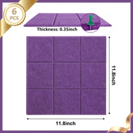 6 Packs Purple Cork Board Felt Board Tiles, Bulletin Board 12"X12" with 30 Push Pins, Felt Board for Home Kitchen Office Decor, Self-Adhesive Corkboard Tiles for Walls School Message Display Board