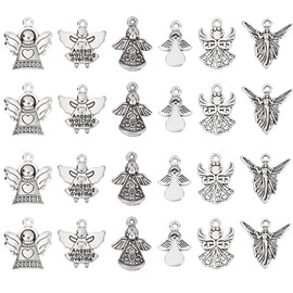 PH PandaHall 51pcs Alloy Angel Wing Charms 6 Styles Easter Angel Charms Tibetan Style Metal Angel Charms for DIY Earring Bracelet Necklace Jewelry MakingsDecor, Antique Silver