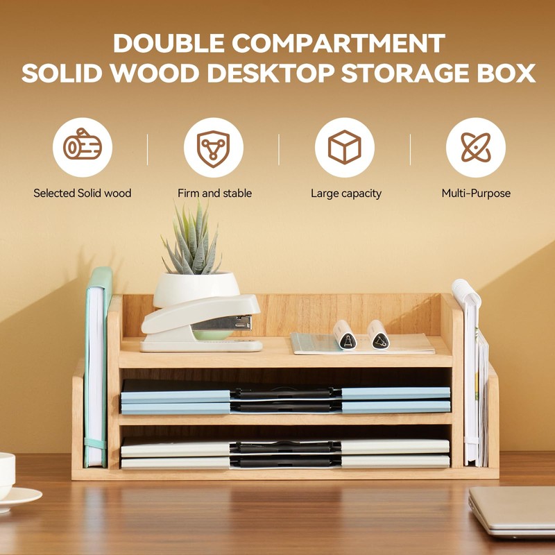 KIRIGEN Wood 3-Tier Office Desktop Document Tray - Mail Sorter