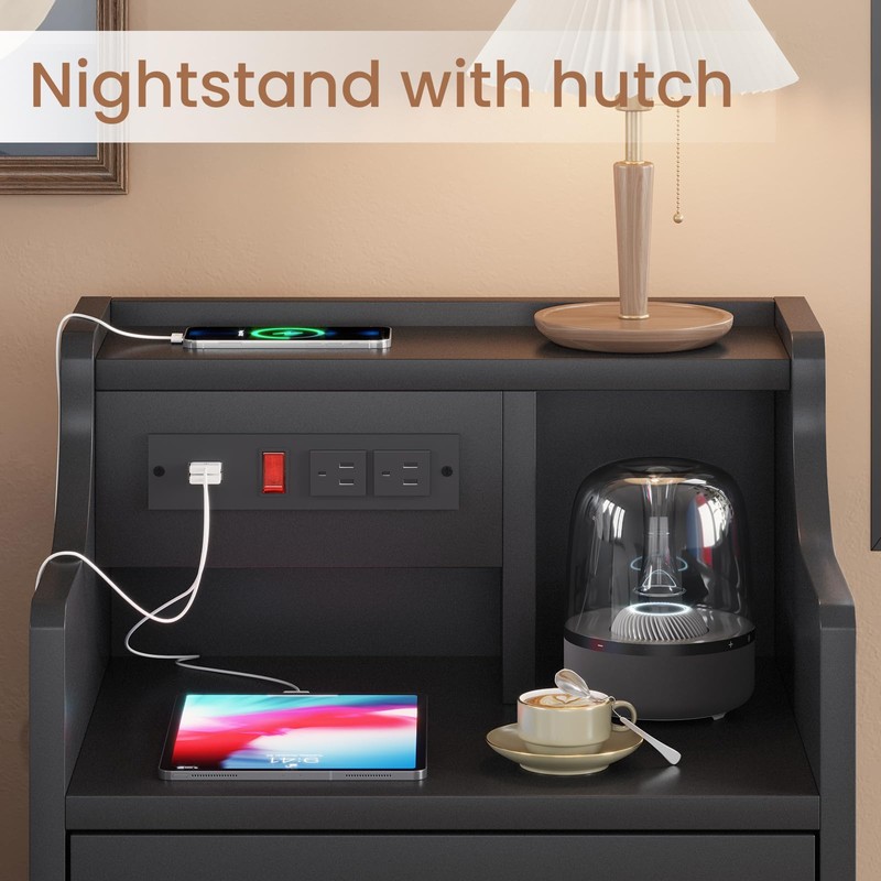 ADORNEVE Nightstand with Charging Station,Black Night Stand for Bedroom,End Table