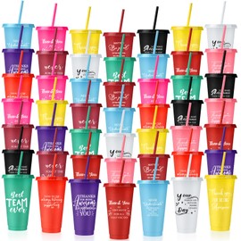 Nuenen 50 Pcs Employee Appreciation Tumbler with Straw and Lid Bulk 24oz Thank You Cup Graduation Gift Water Bottle Plastic Tumbler Inspirational Travel Mugs for Coworker Friend(Classic Style)
