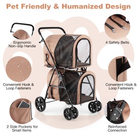 HAPPAWS Dog Stroller for 2 Dogs, Cat Stroller, Double Pet Tote Stroller, Foldable Cat Carrier with Storage Pocket, Pet Travel Carrier with Universal Front Wheels and Lockable Rear Wheels, Beige