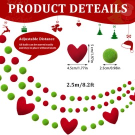 Tatuo 3 Pieces Christmas Pom Pom Garland Green and Red Felt Ball Garland Red Heart Pompom Garland for Christmas Party Wall Decorations