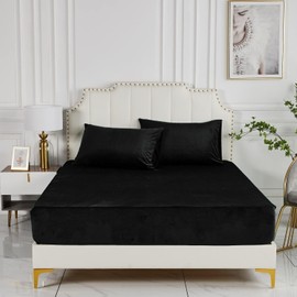 Winter Fleece Fitted Sheet 140 x 200 cm Black Velvet Warm Cuddly Box Spring Bed Terry Cloth Bed Sheet Flannelette Fitted Sheet Plain Pattern Fitted Sheet Set 140 x 200 cm for High Mattress Base Height