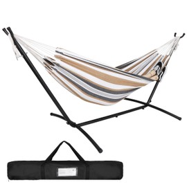 LEMY Double Hammock with Heavy Duty 9ft Steel Stand and Carrying Case, 6 Adjustable Positions and 450LBS Capacity, 2 Person Hammock for Indoor Outdoor Bedroom Patio (Desert Stripe)