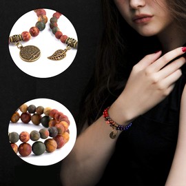 Bivei Natural Semi Precious Gemstone Beads Bracelet for Women - Life Tree and Leaf Charm Chakra Energy Anxiety Stretch Bracelets(Multi-color Picasso Jasper Beads)