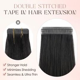 Human Hair Tape in Extensions-Double Stitched,SLEEKALON Free-cut Mini Tape ins Real Hair Extension Jet Black Invisible Seamless Straight Double Side Tape Hair Extension-16 Inch,20pcs 50g,#01