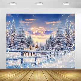 Winter Forest Wonderland Christmas Backdrop for Photoshoot 10x8ft Forest Reindeer White Snowy Snowflake Winter Scene Backdrop Pictures Xmas Party Holiday Background Decorations Photo Booth Supplies