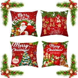 Christmas Cushion Cover, Pack of 4 Christmas Decorative Cushion Covers, Santa Claus Pattern, Sofa Home Decor, Christmas Decorations for Indoor, Bedroom, Winter Holiday Decoration Gift, 40 x 40 cm,